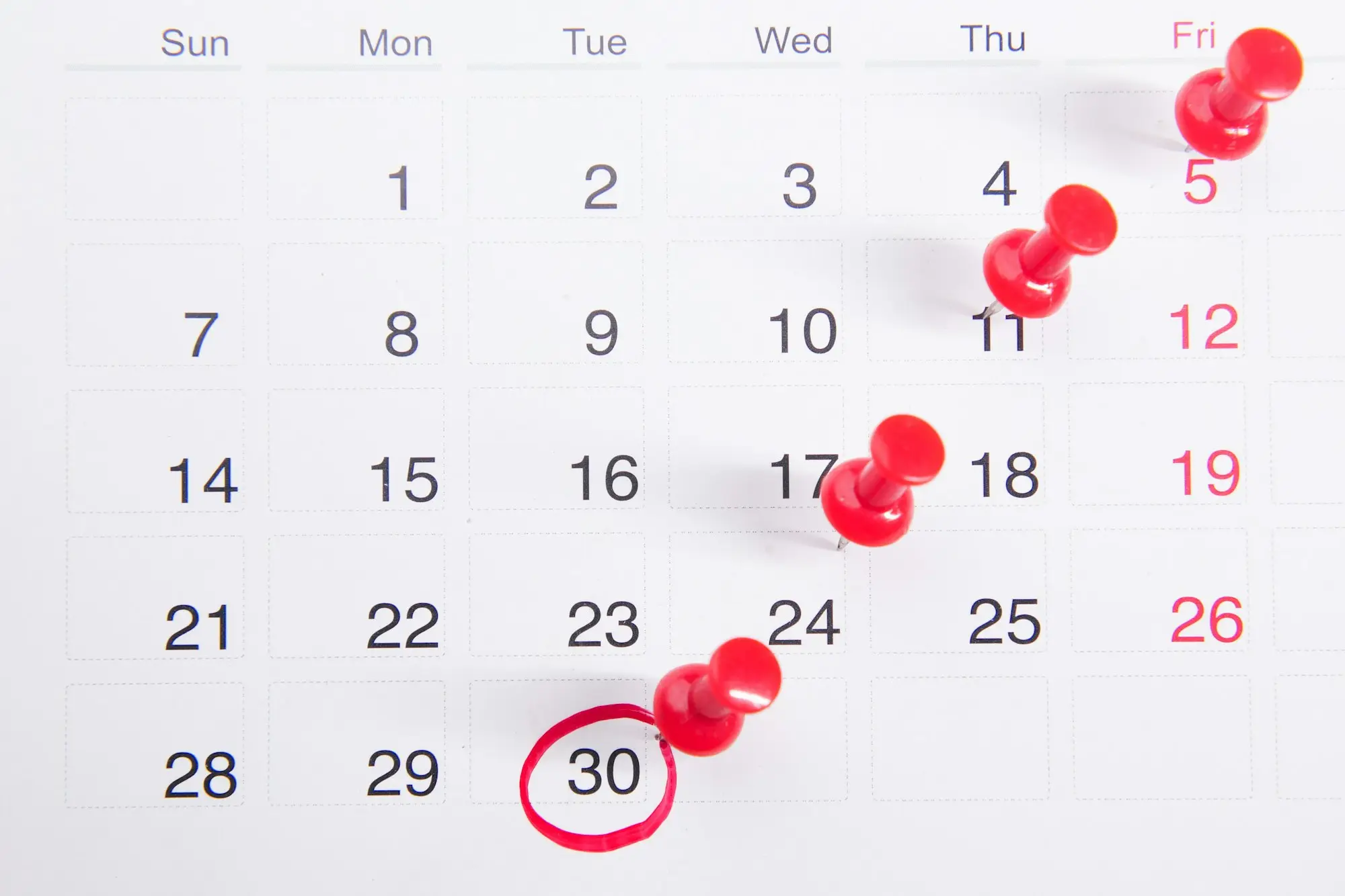 Calendar with due dates marked by red pins